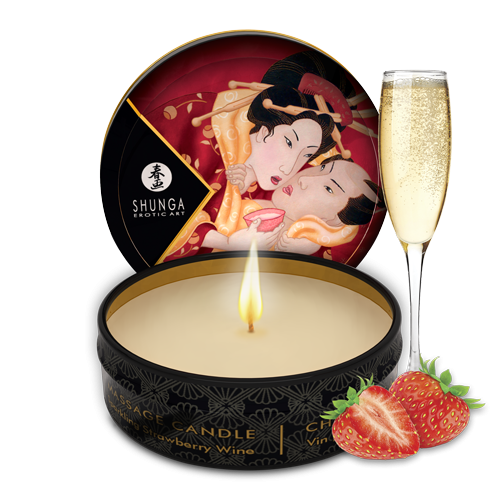 Mini bougie de massage vin pétillant fraise - Shunga