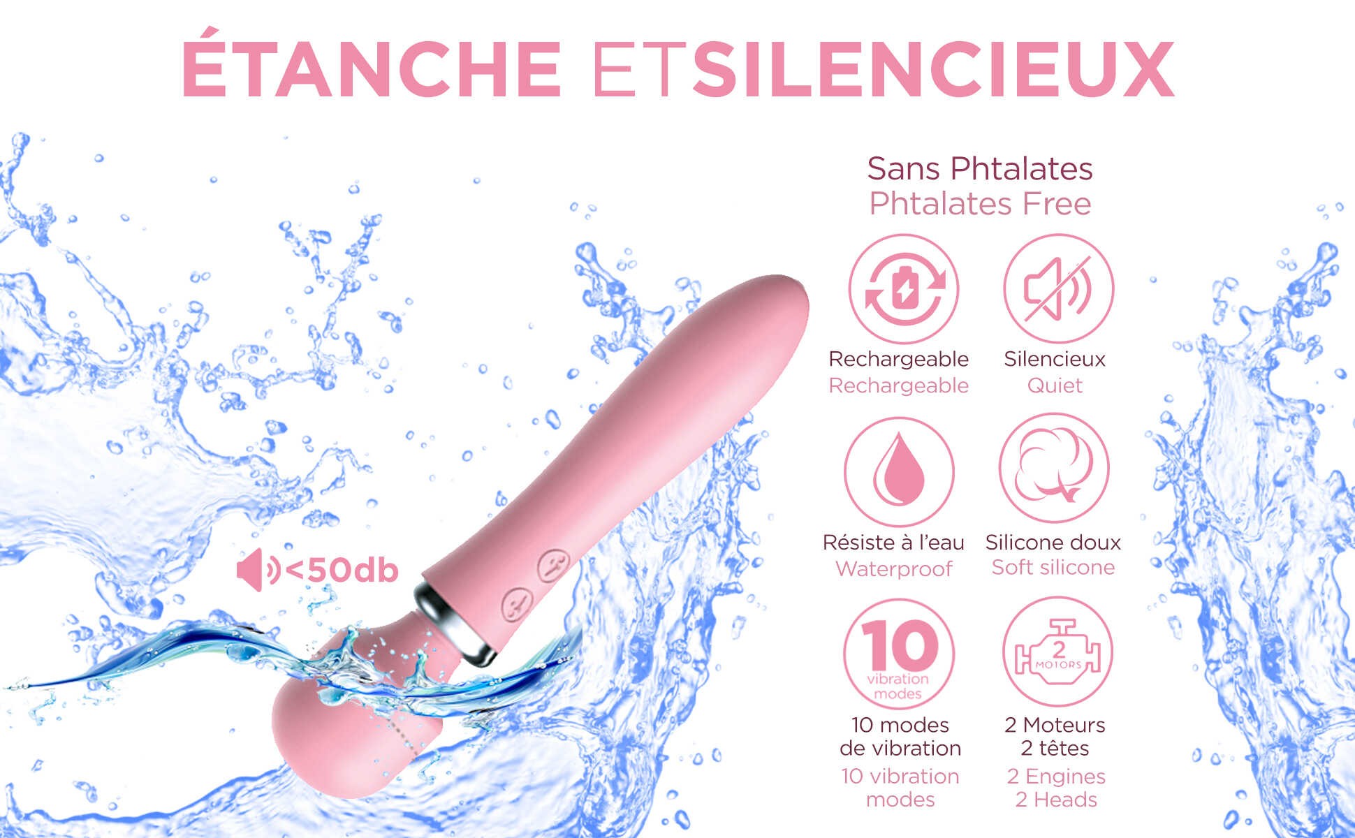 Vibromasseur wand 2 en 1 rechargeable rose - Clara Morgane – Image 6