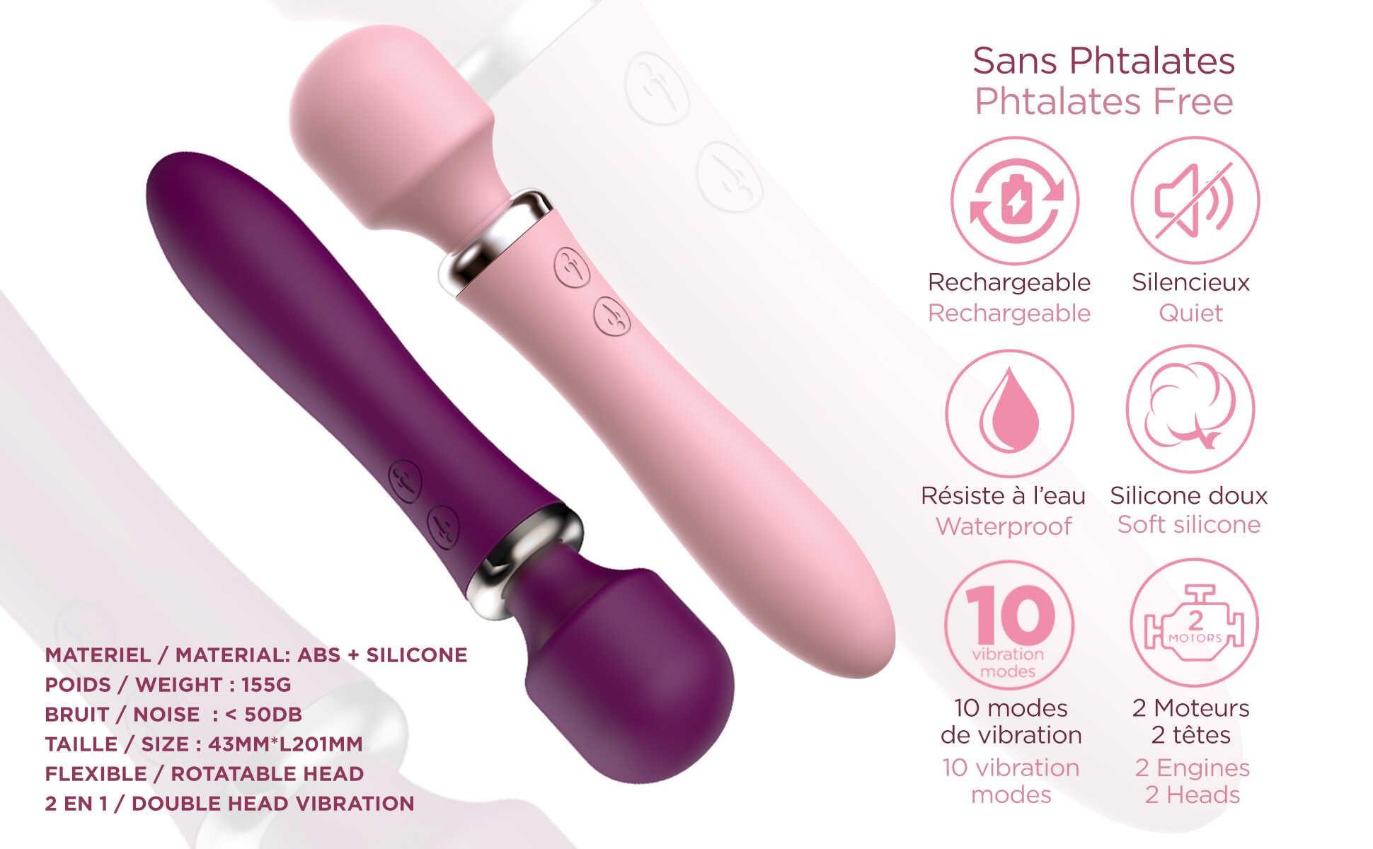 Vibromasseur wand 2 en 1 rechargeable rose - Clara Morgane – Image 7