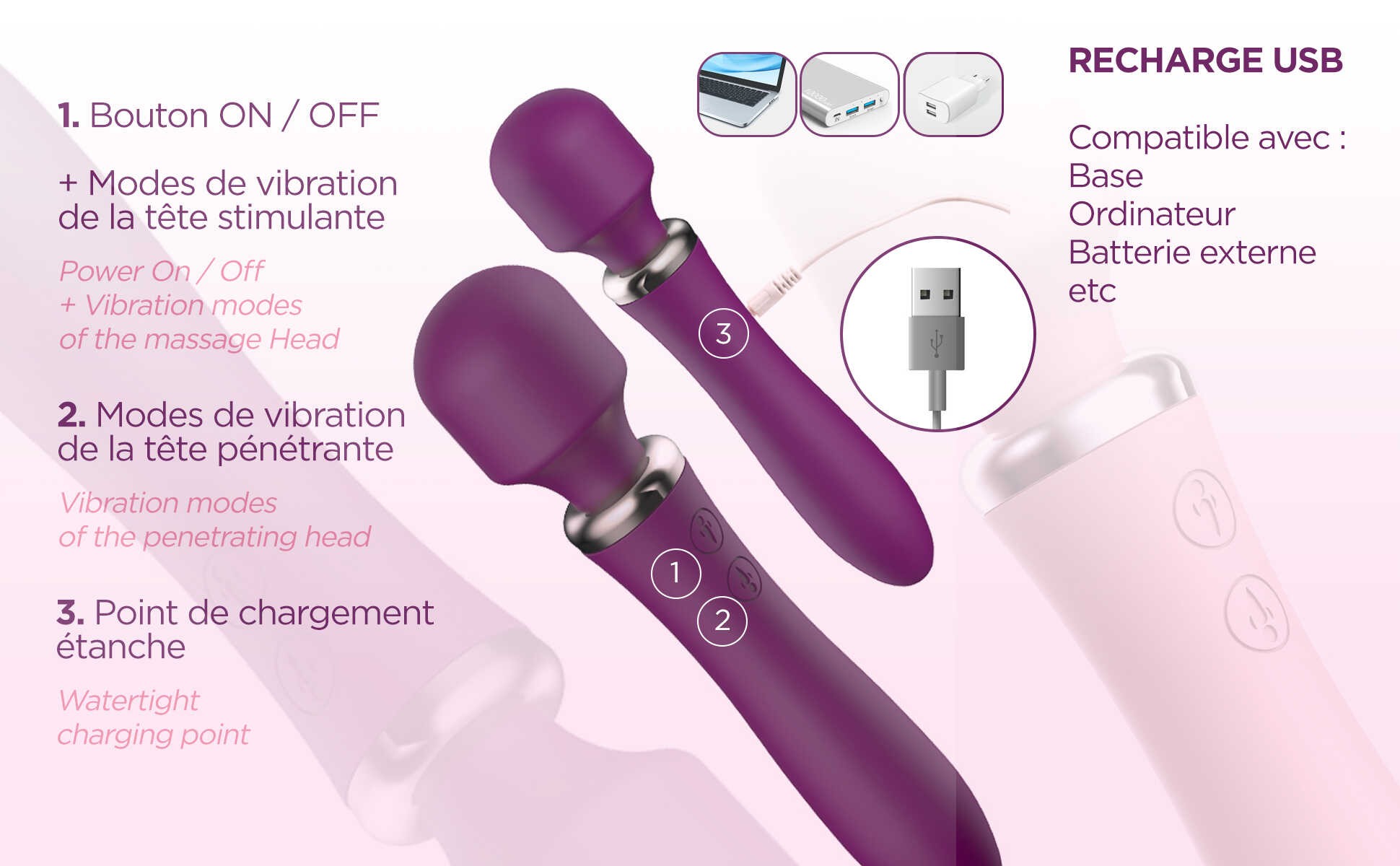 Vibromasseur wand 2 en 1 rechargeable rose - Clara Morgane – Image 8