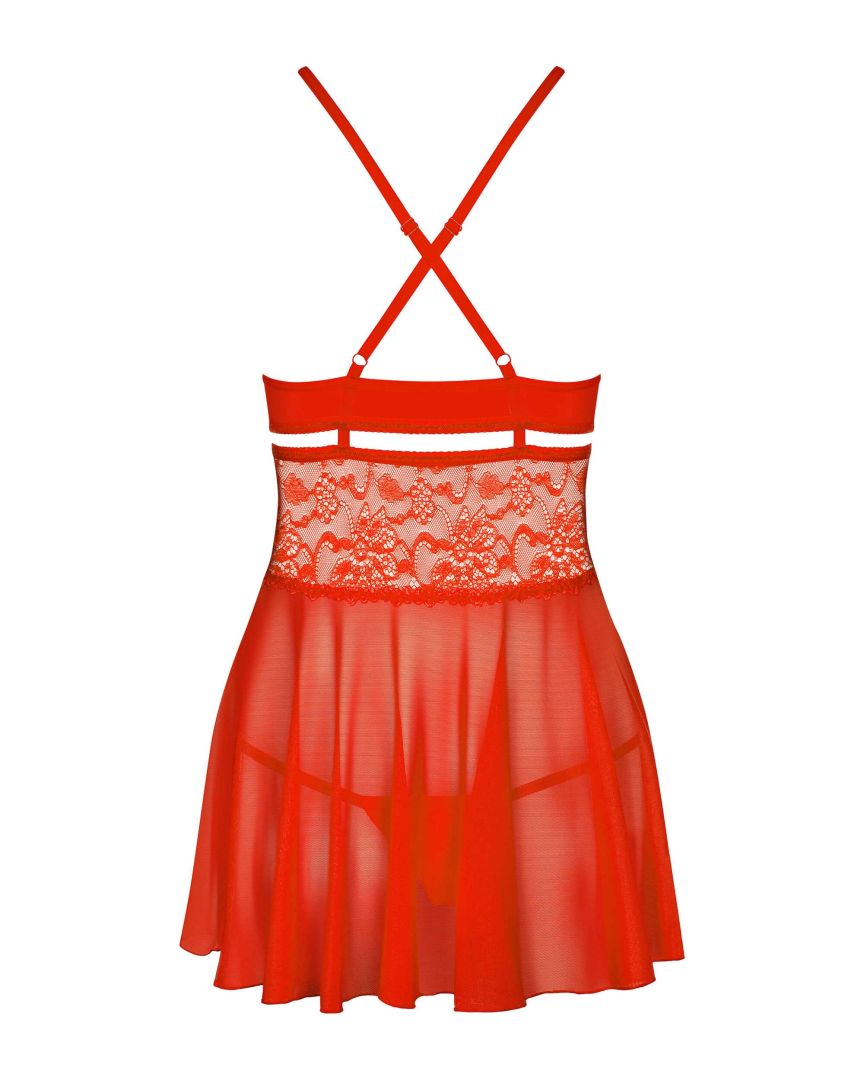 Babydoll en dentelle et voilage rouge - Obsessive – Image 4