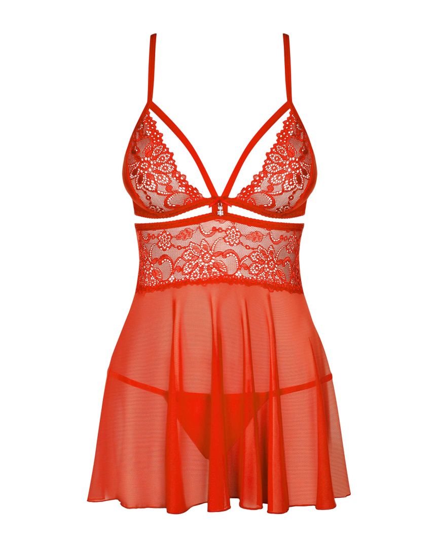 Babydoll en dentelle et voilage rouge - Obsessive – Image 5