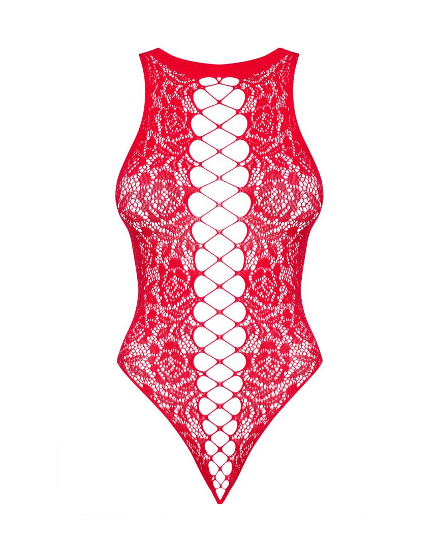 Body ouvert rouge en dentelle avec laçage - Obsessive – Image 6