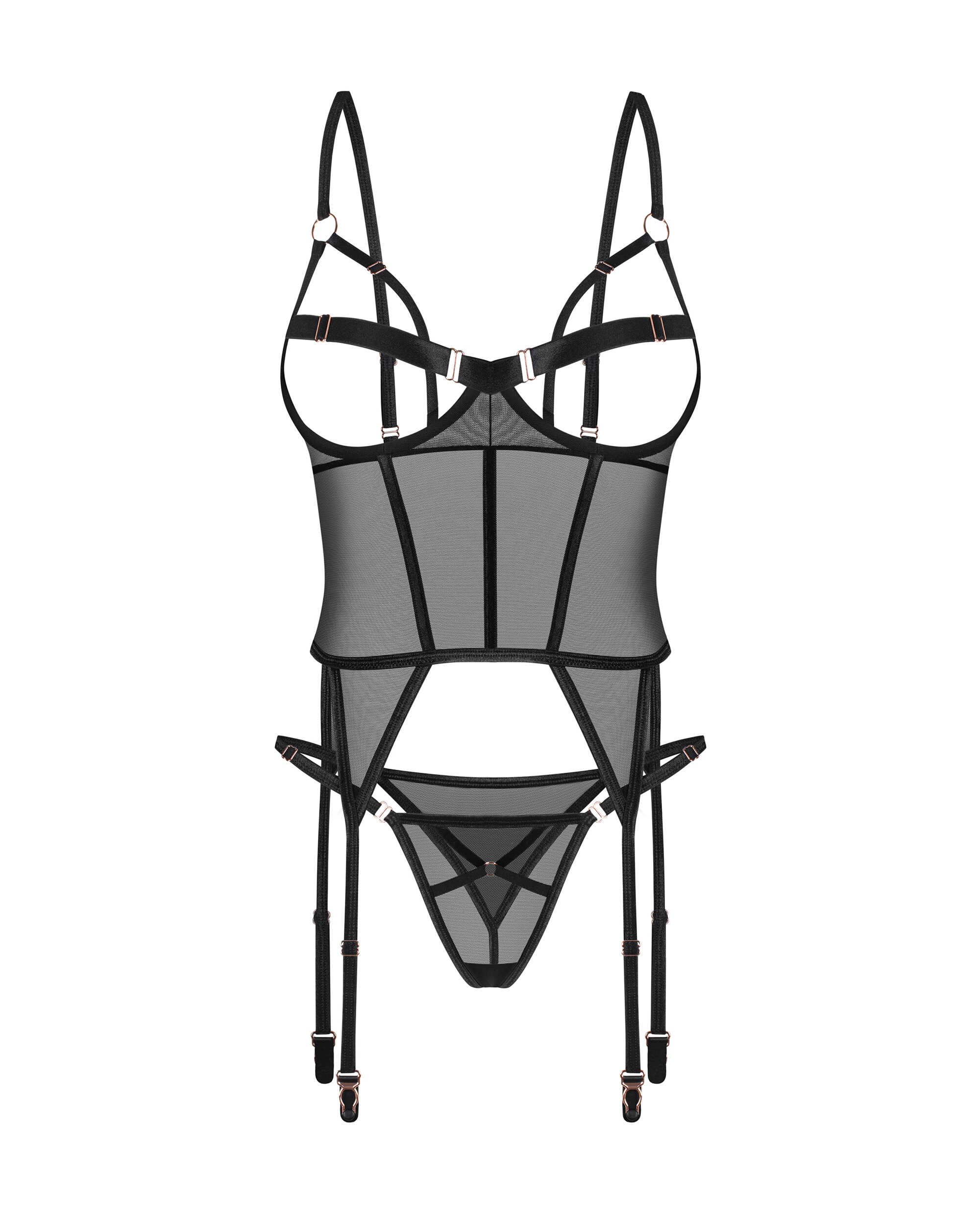 Corset et string en maille avec détails dorés - Obsessive – Image 4