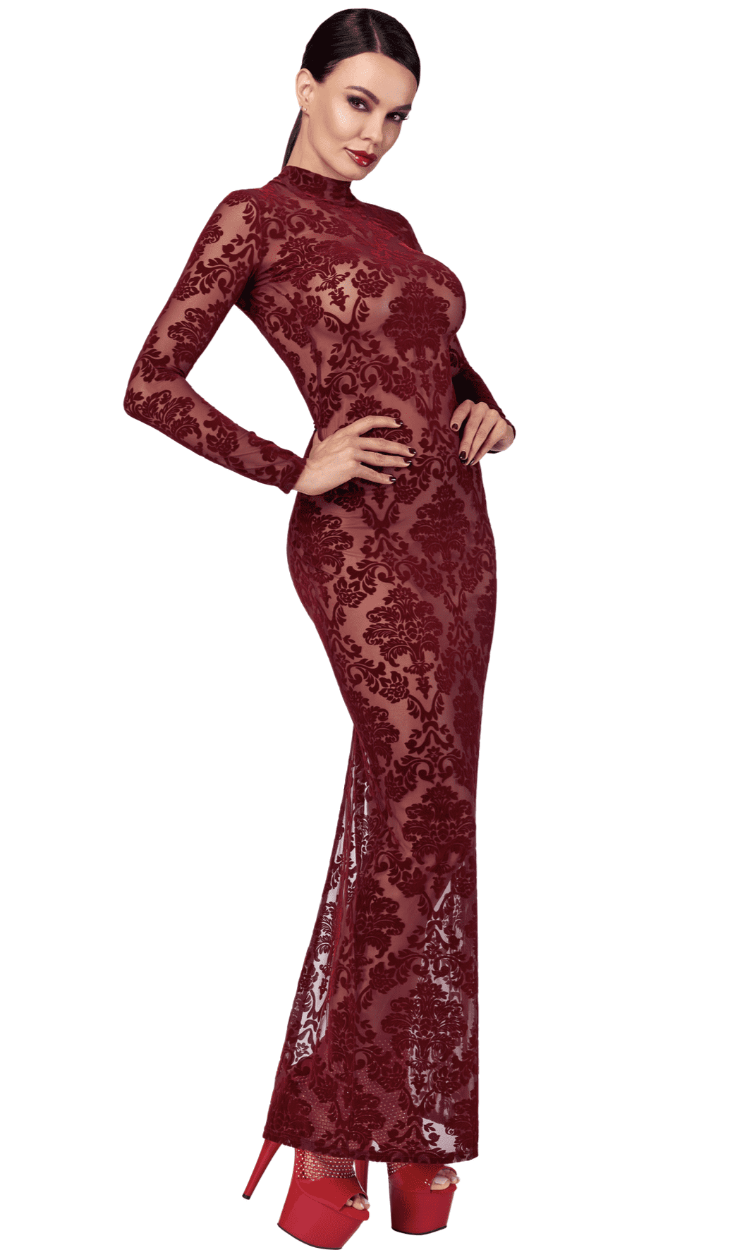 Longue robe en tulle floqué bordeaux - Noir Handmade – Image 2