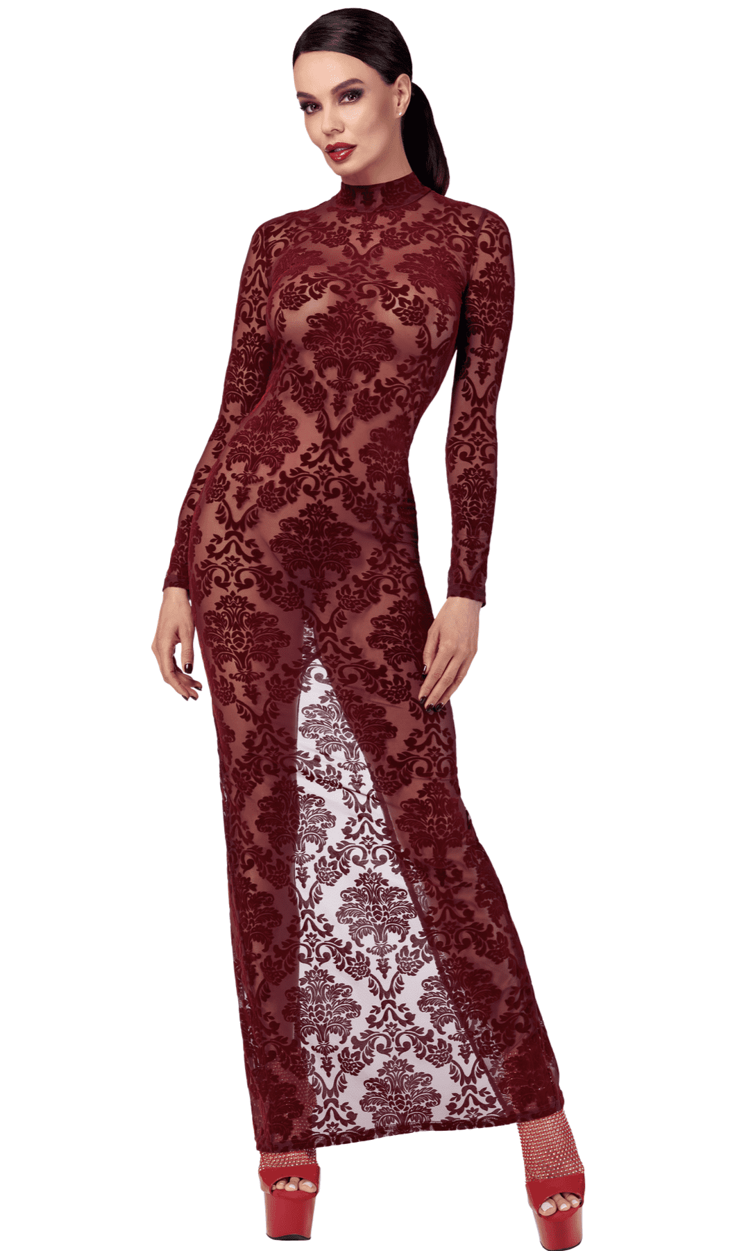 Longue robe en tulle floqué bordeaux - Noir Handmade