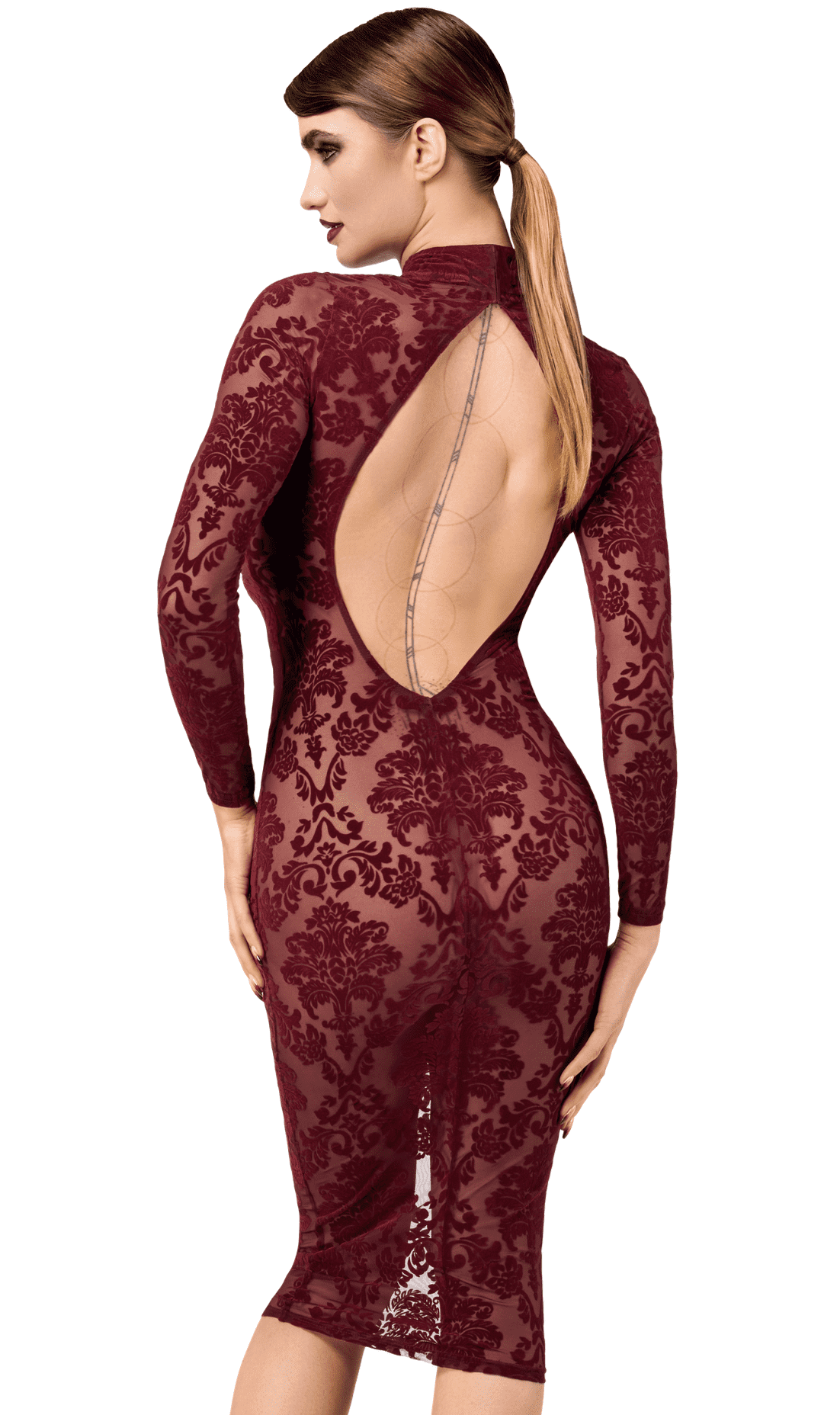 Robe midi ajustée en tulle floqué bordeaux - Noir Handmade – Image 4