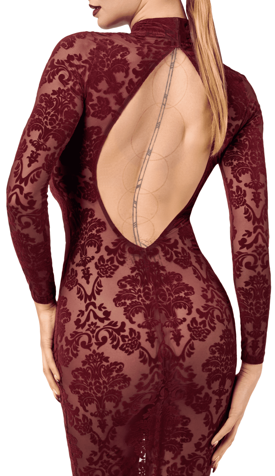 Robe midi ajustée en tulle floqué bordeaux - Noir Handmade – Image 6
