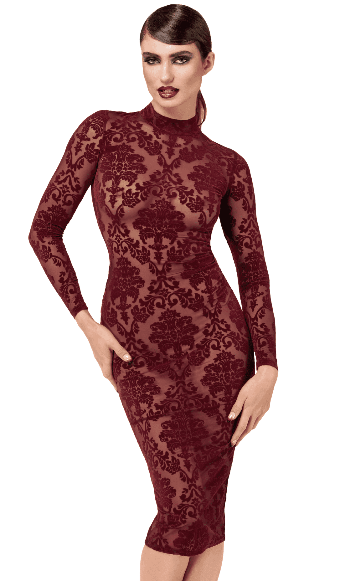 Robe midi ajustée en tulle floqué bordeaux - Noir Handmade – Image 2