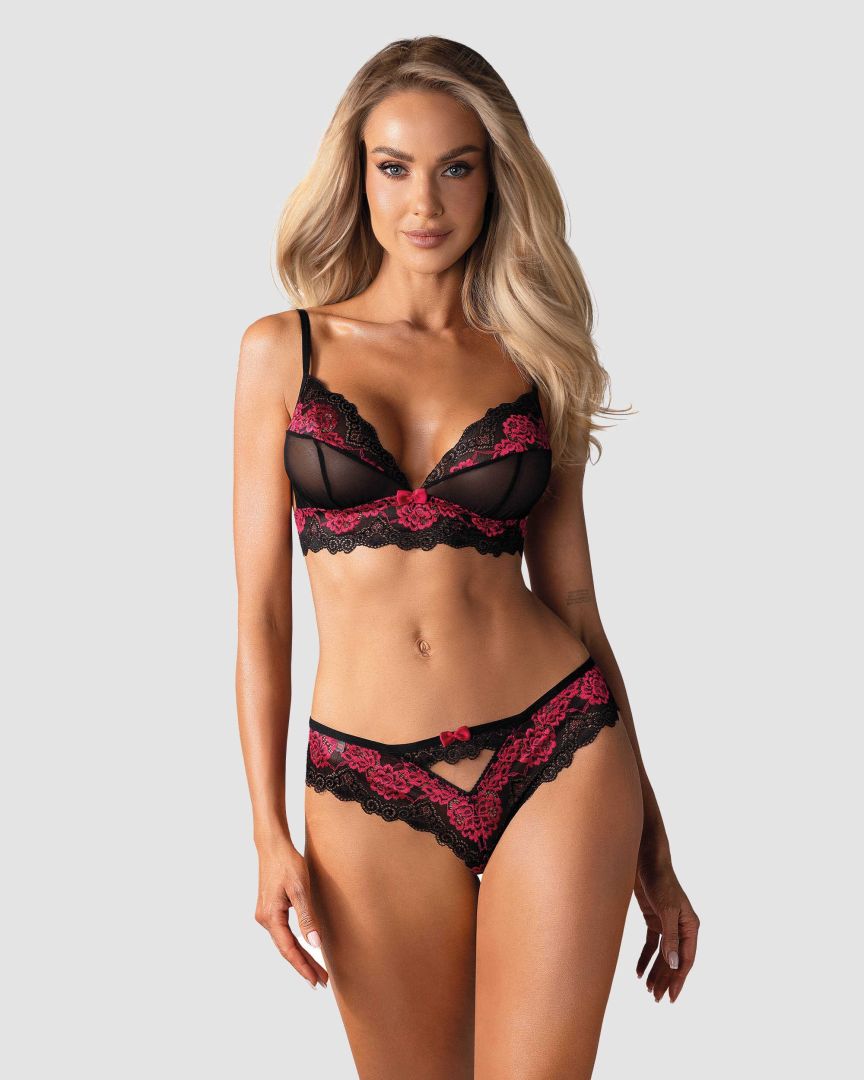 Ensemble lingerie dentelle noire et fuchsia Tulia - Obsessive – Image 4