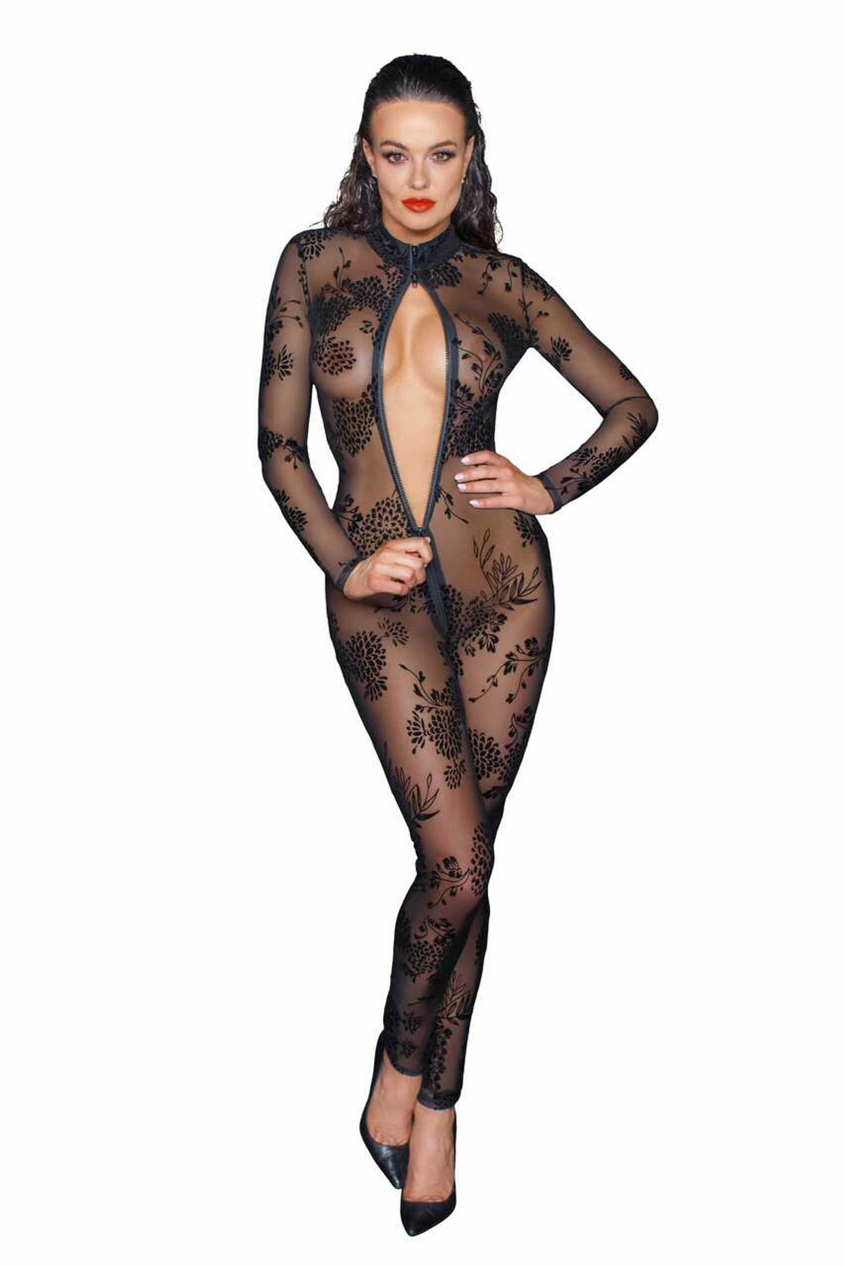 Combinaison longue en tulle brodé - Noir Handmade