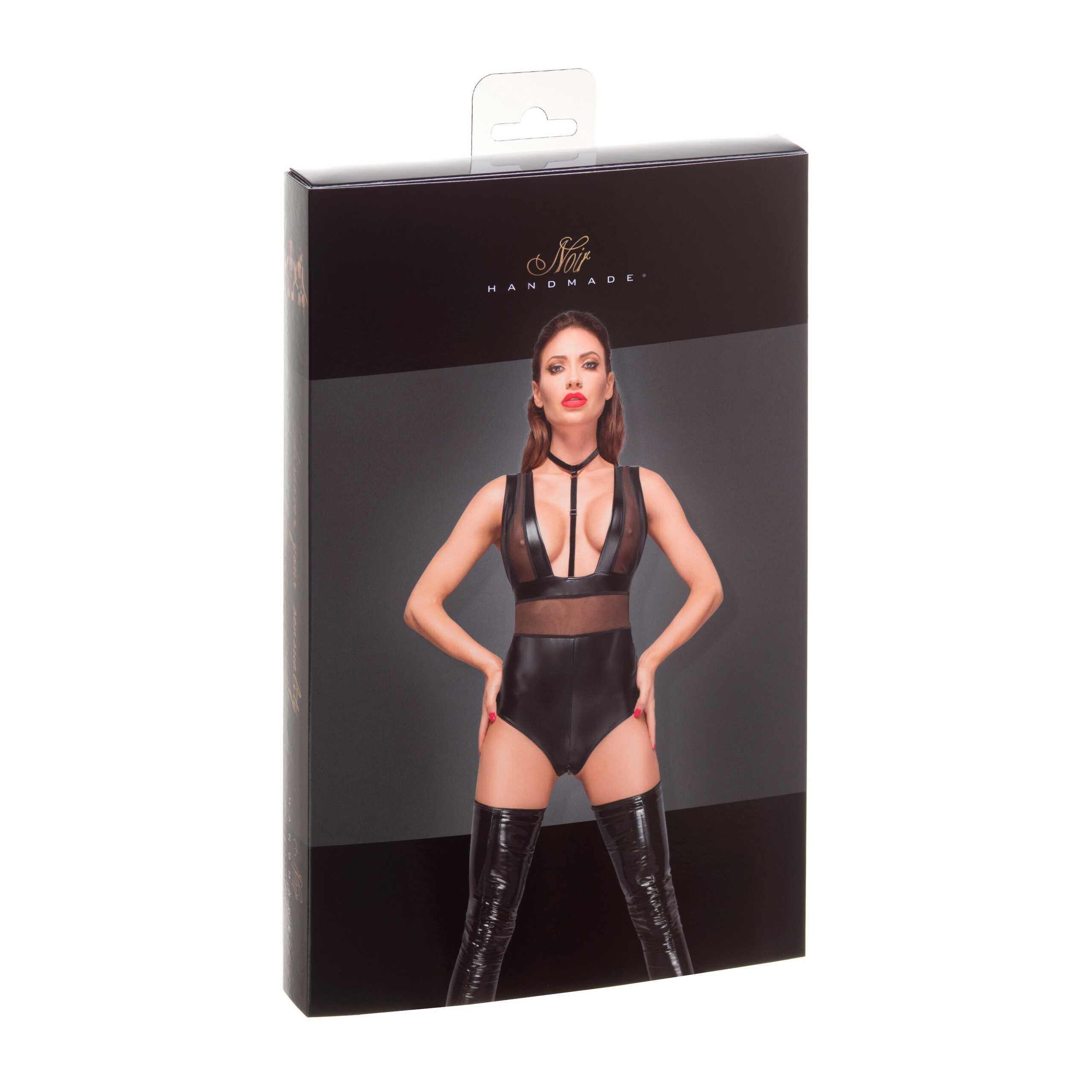 Body wetlook à bretelles avec tulle transparent - Noir Handmade – Image 4