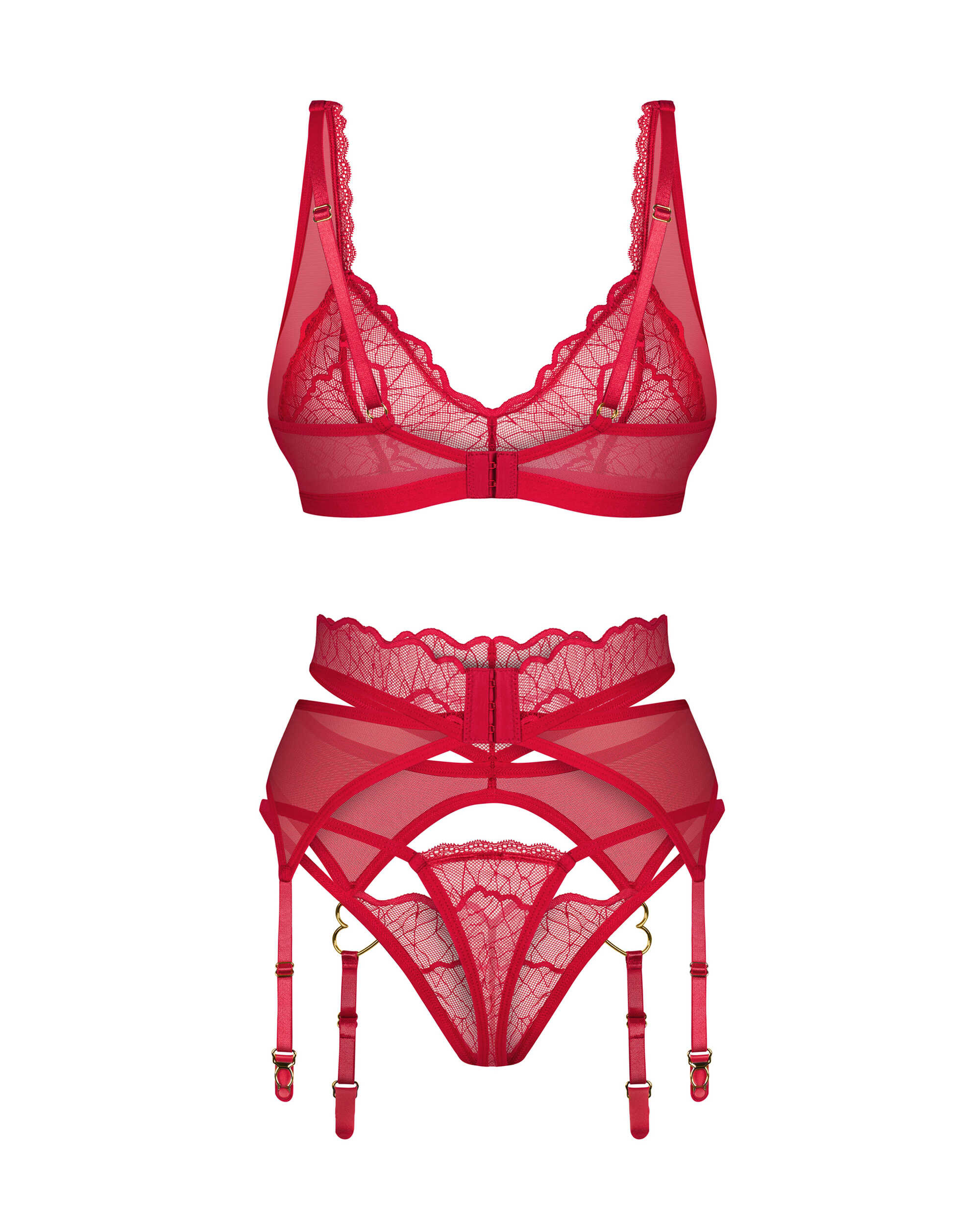Ensemble lingerie 3 pièces dentelle rouge avec accents dorés - Obsessive – Image 6