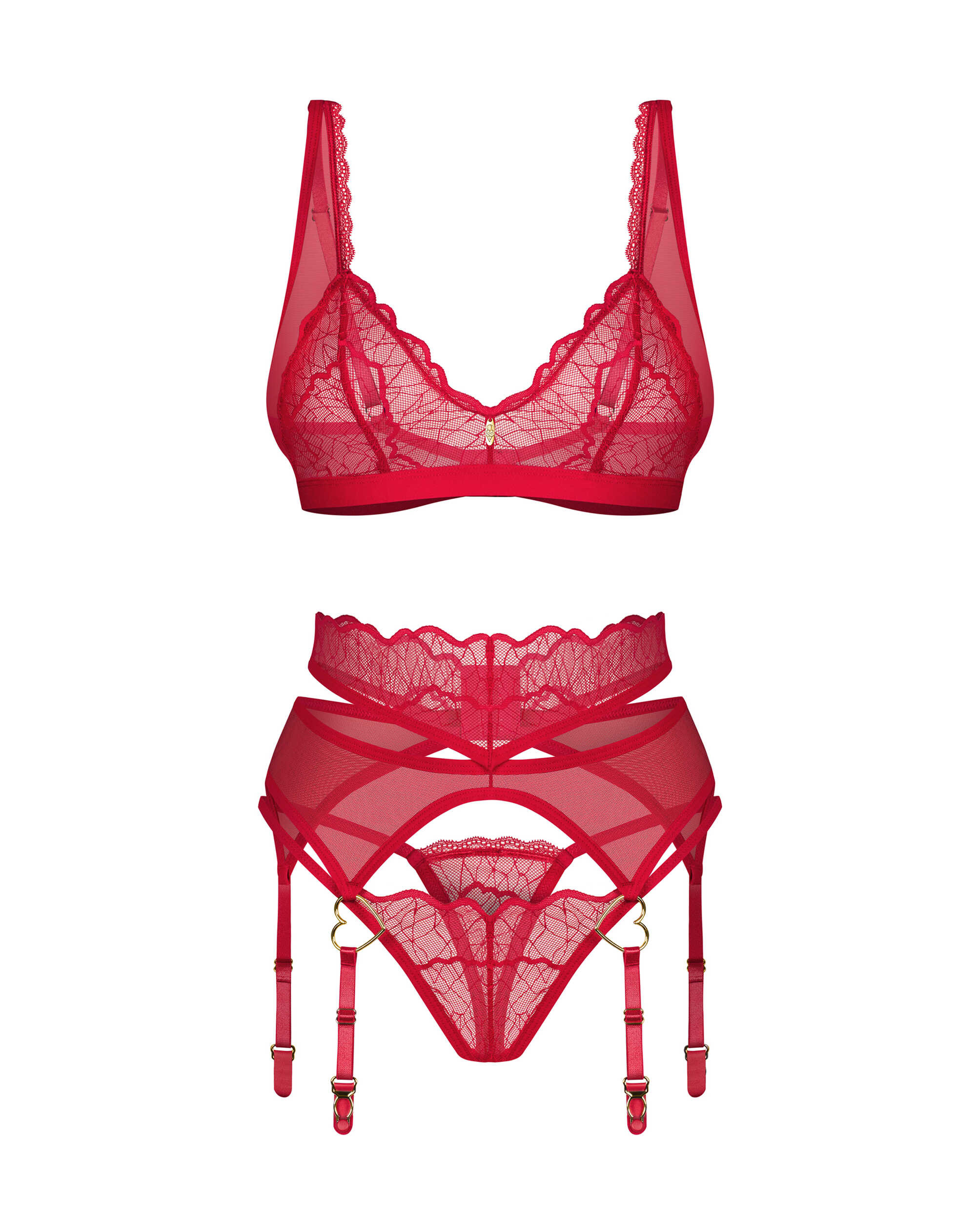 Ensemble lingerie 3 pièces dentelle rouge avec accents dorés - Obsessive – Image 5