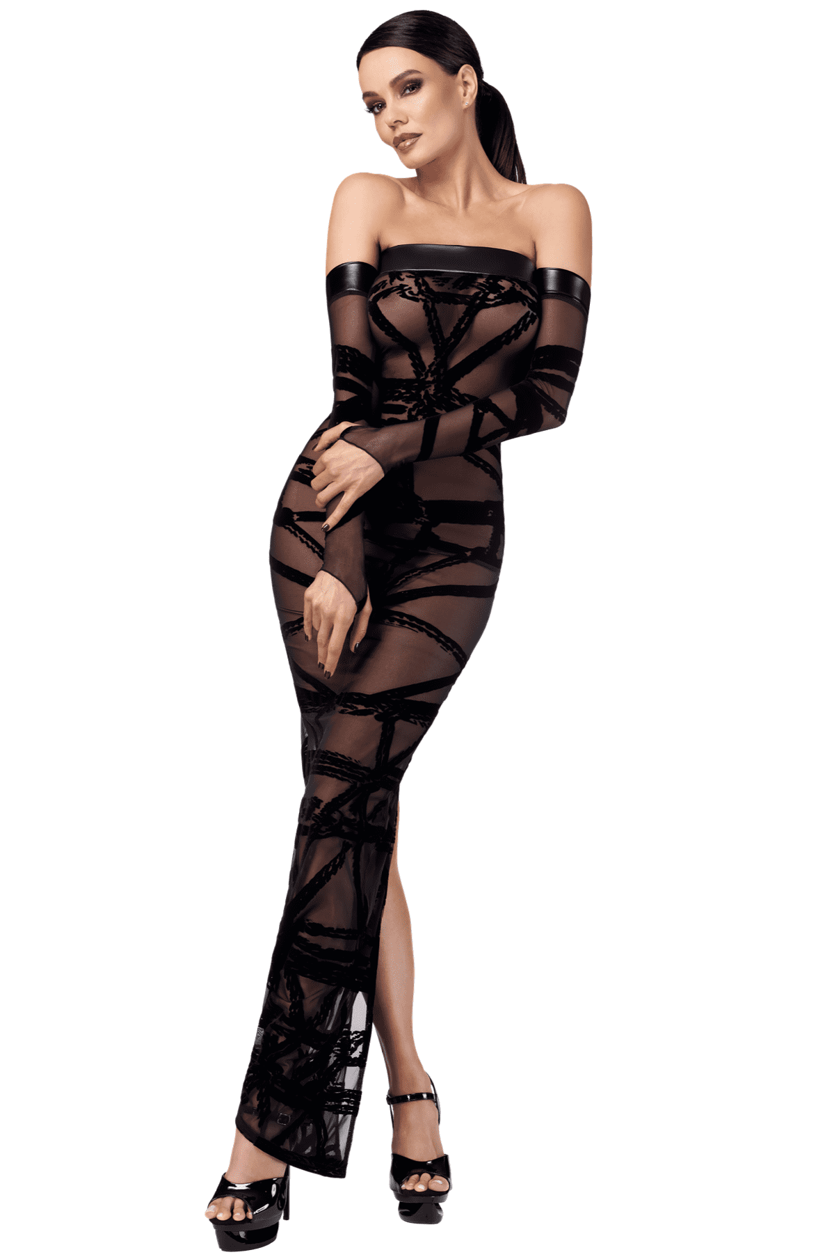 Robe longue en tulle motif bondage épaule dénudée - Noir Handmade