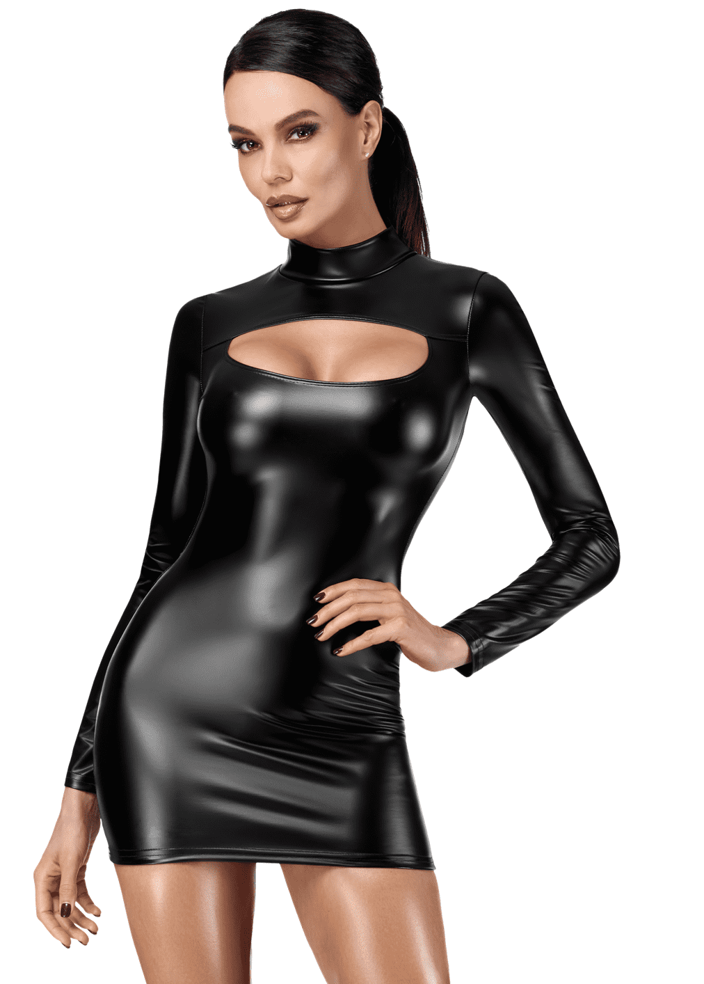 Robe moulante wetlook ouverte à manches longues - Noir Handmade