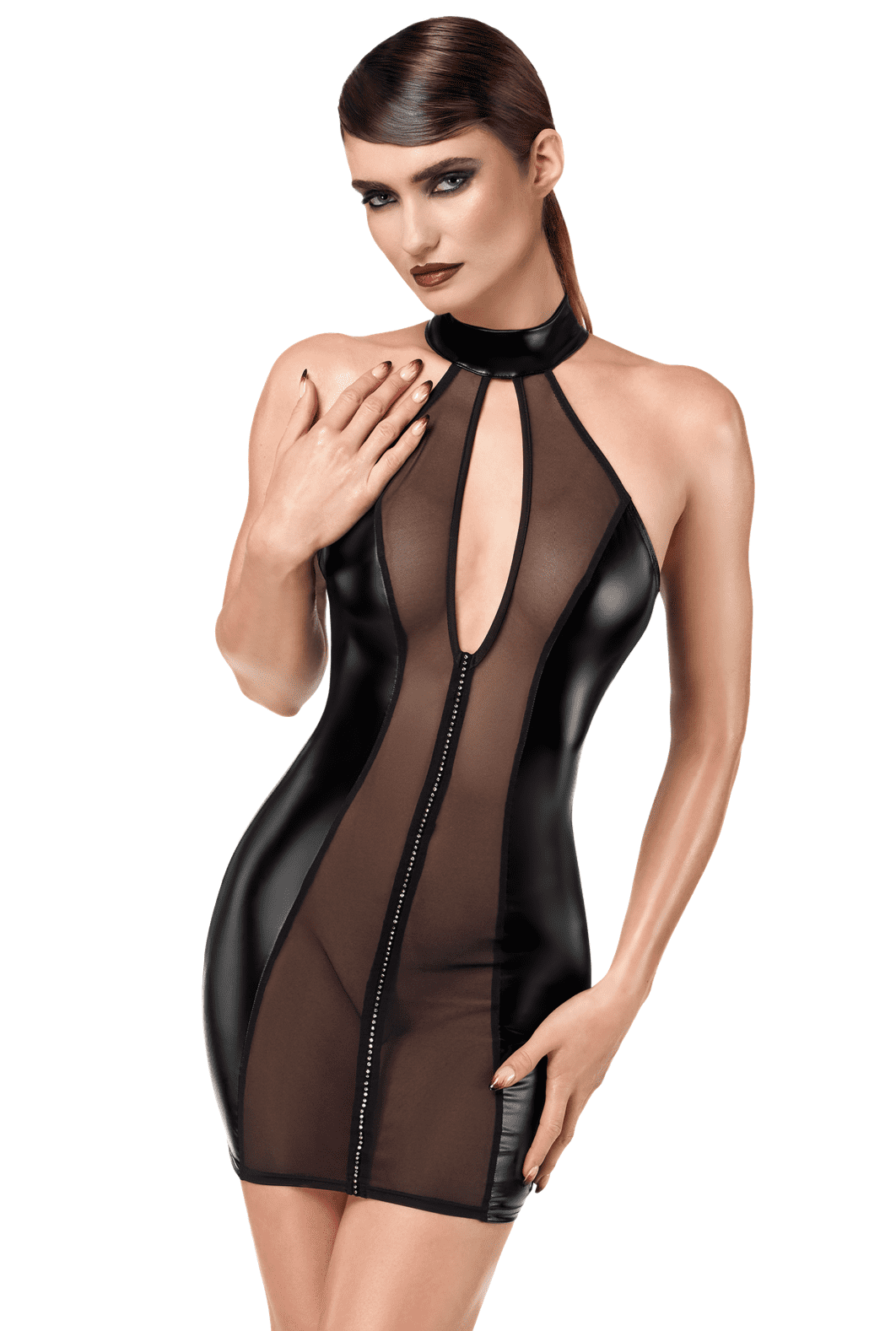 Mini robe wetlook transparente à strass - Noir Handmade