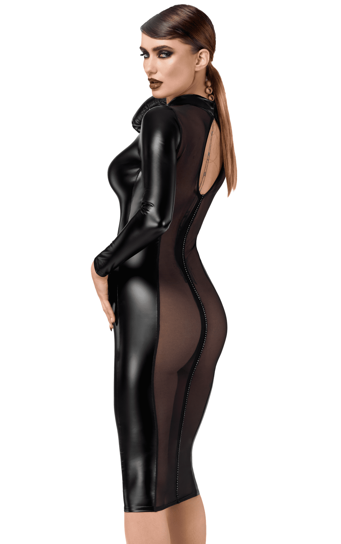 Robe mi-longue Luxuria en wetlook et tulle - Noir Handmade – Image 3