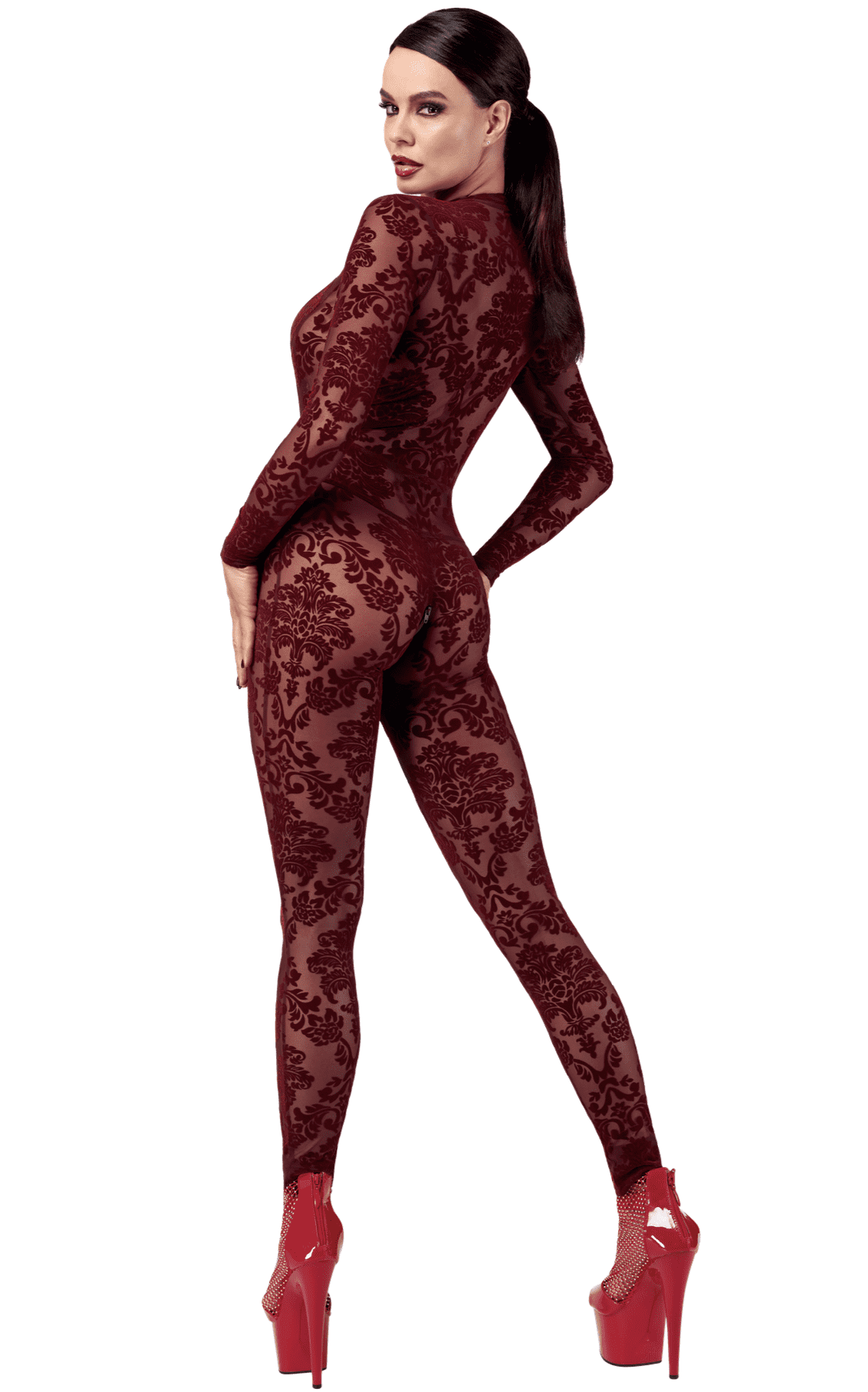 Catsuit en tulle floqué bordeaux - Noir Handmade – Image 3