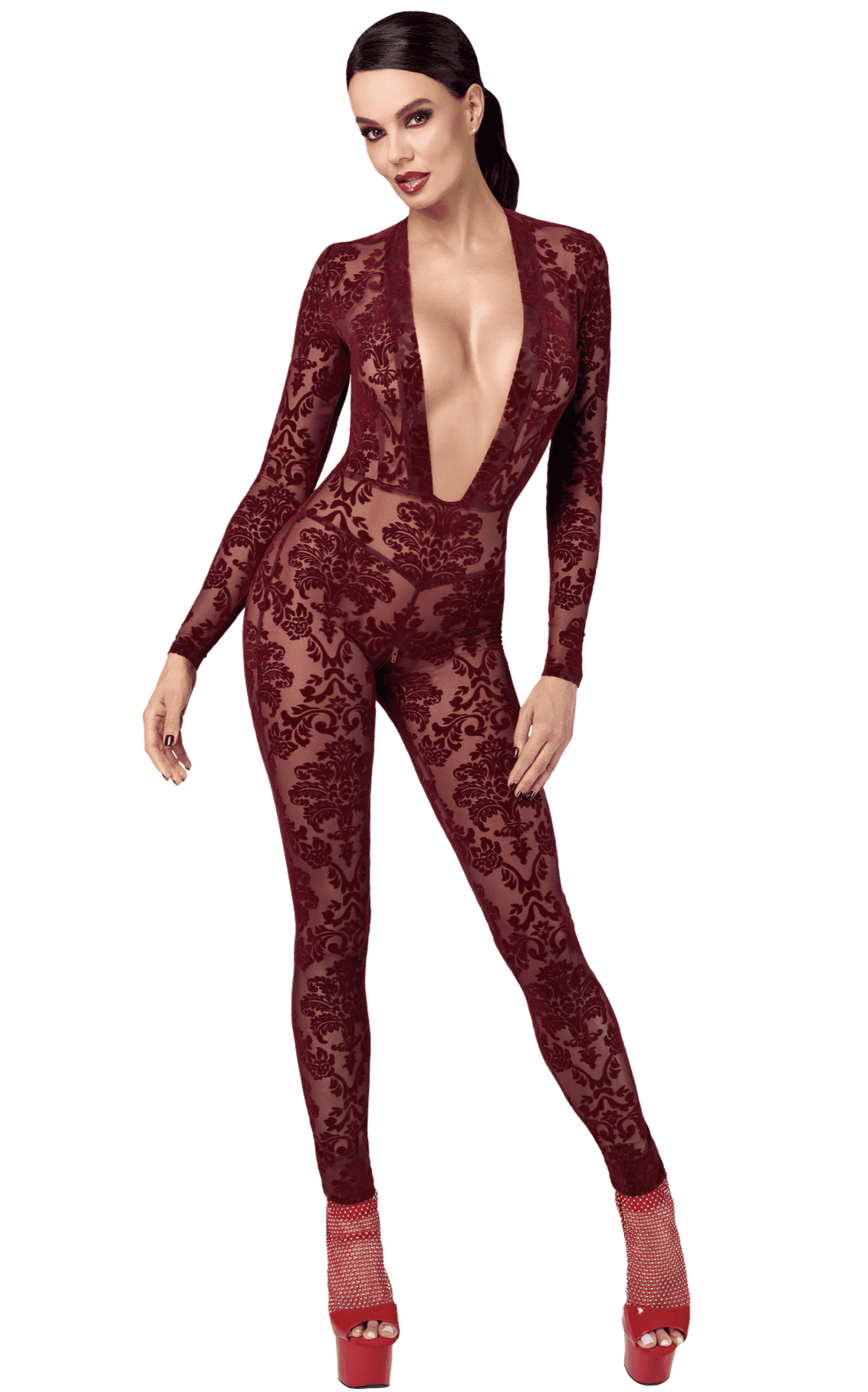 Catsuit en tulle floqué bordeaux - Noir Handmade