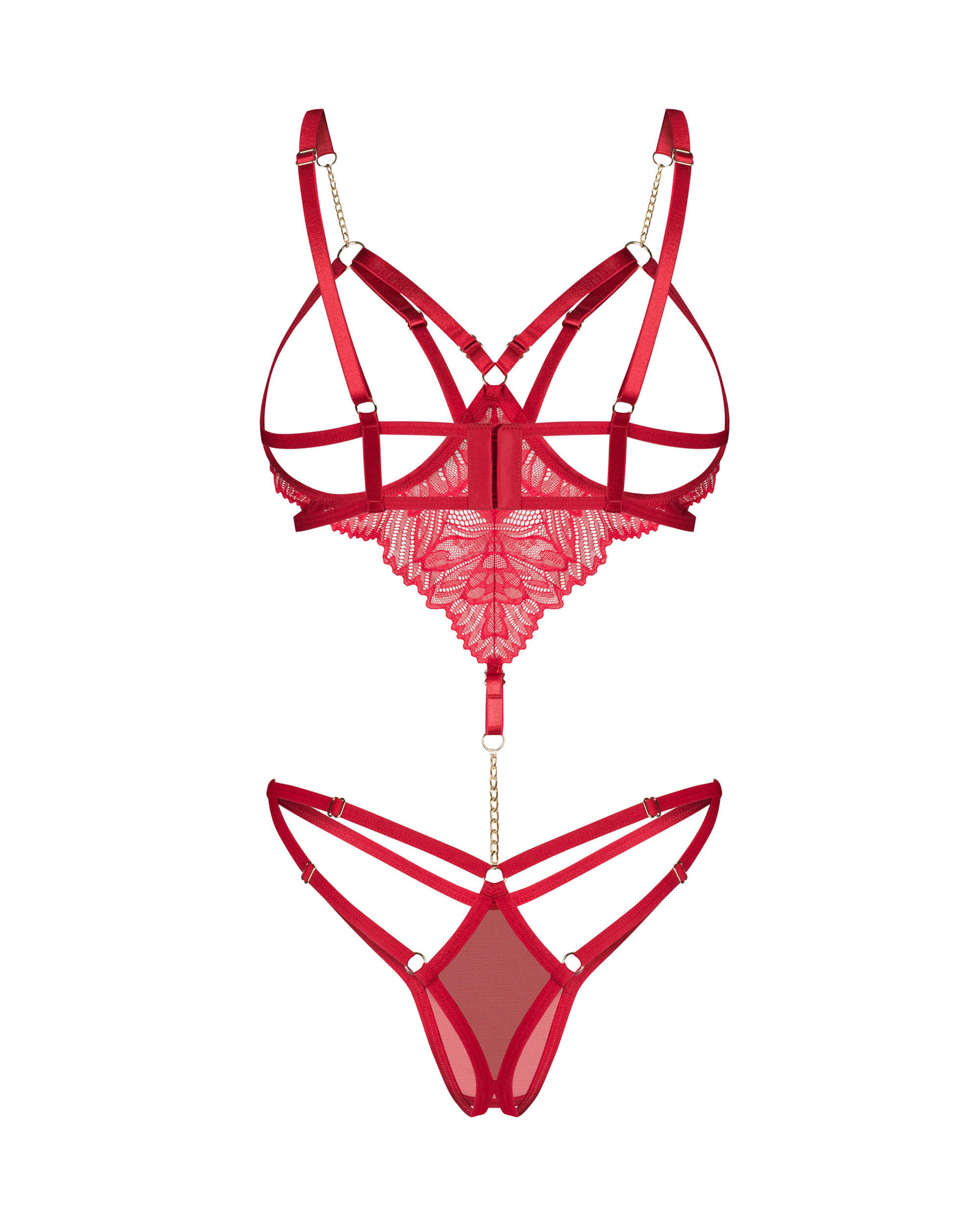 Body ouvert en dentelle rouge avec chaîne dorée - Obsessive – Image 5
