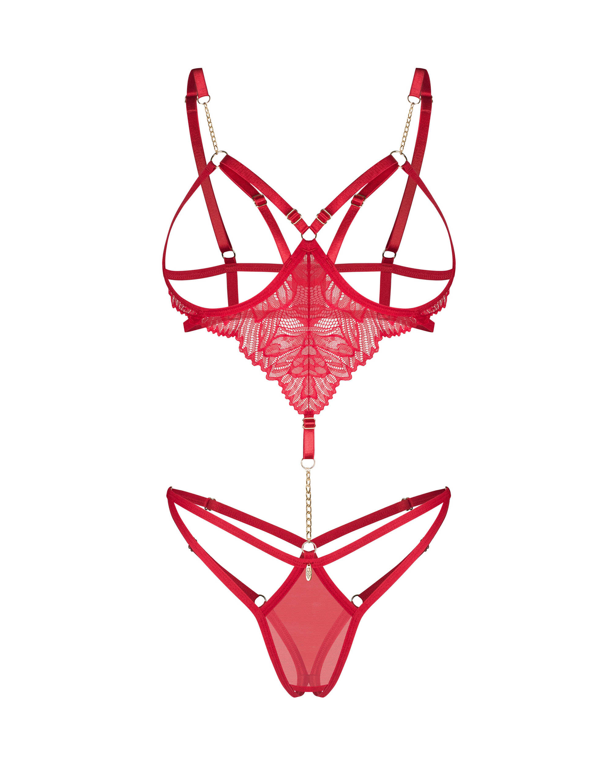 Body ouvert en dentelle rouge avec chaîne dorée - Obsessive – Image 4