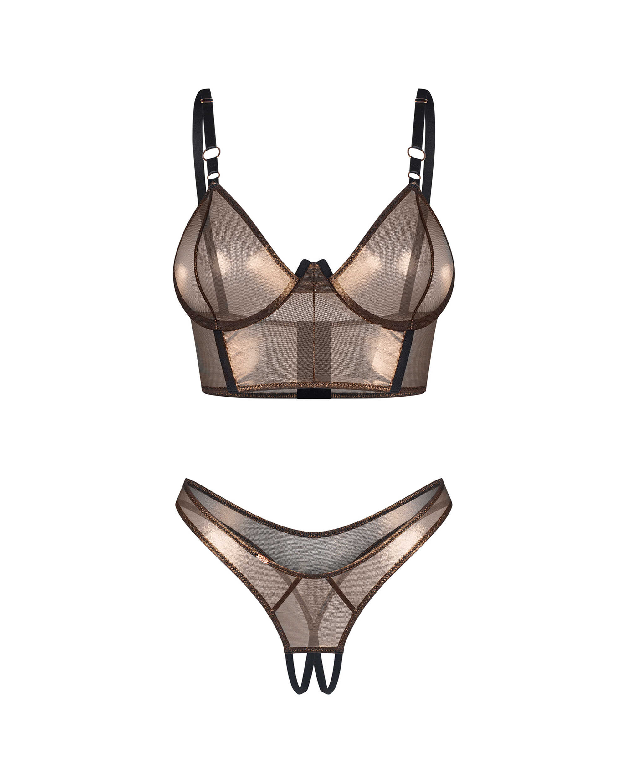 Ensemble top et string ouvert en maille dorée - Obsessive – Image 7