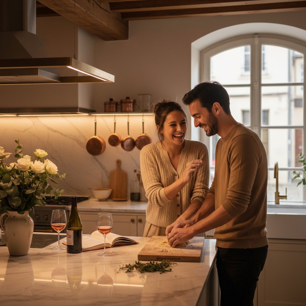 Soirée romantique maison couple - cuisiner ensemble en amoureux