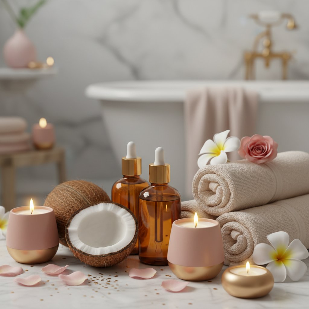 Huile de coco massage intime - ambiance spa relaxante