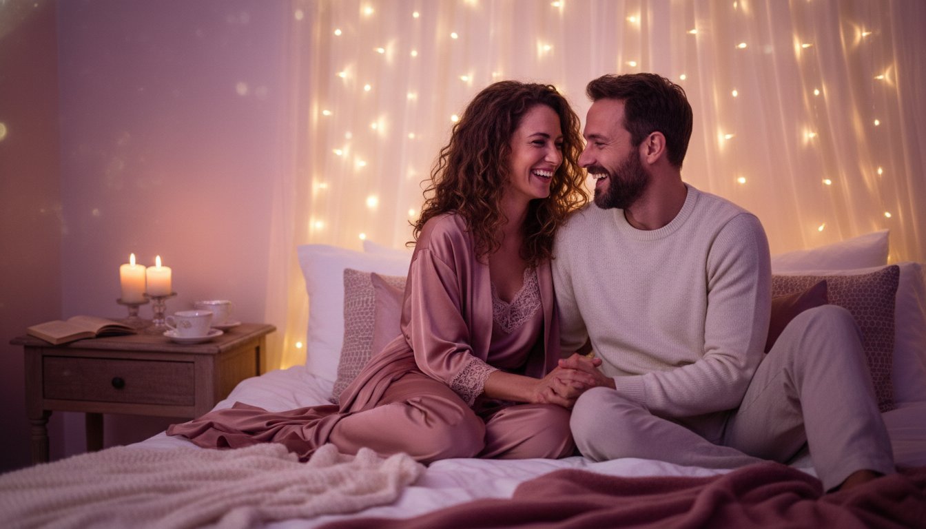 Jeux de rôle érotique couple débutant - couple complice sur un lit avec ambiance romantique