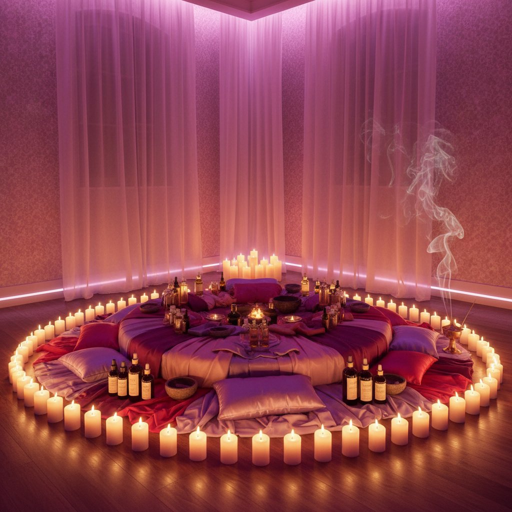 Massage tantrique couple - préparation de l espace avec bougies et huiles