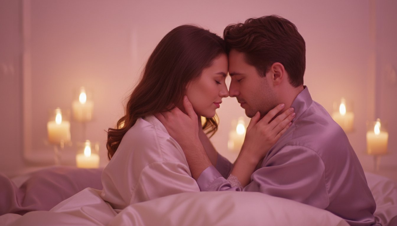 Ocytocine couple bienfaits - couple enlace dans une atmosphere romantique