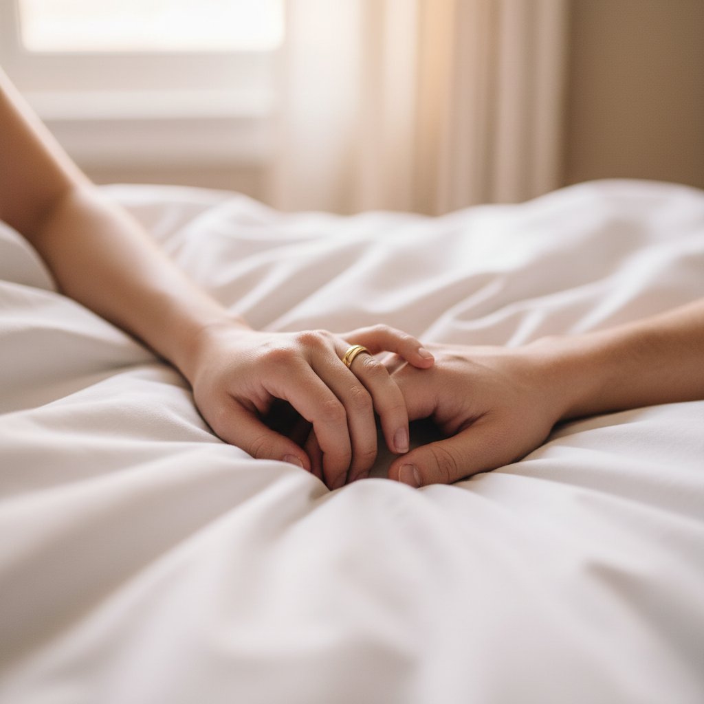 Orgasme clitoridien en couple - mains enlacées sur draps blancs