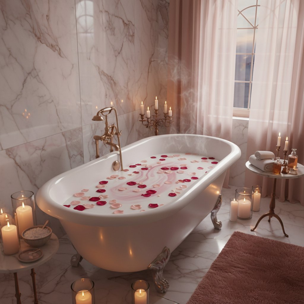 Positions pour se masturber - bain relaxant avec pétales de roses et bougies