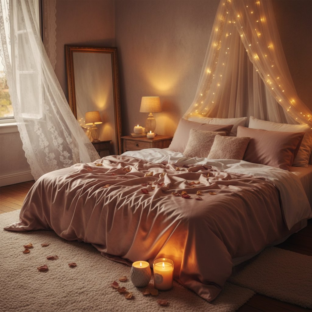 Positions pour se masturber - chambre intime avec guirlandes lumineuses et bougies