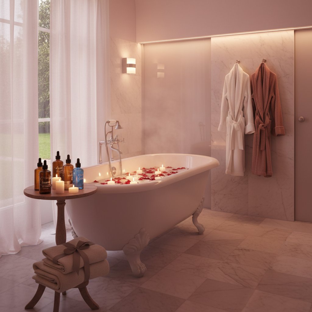 Soirée romantique maison - spa en couple avec bougies et pétales de rose