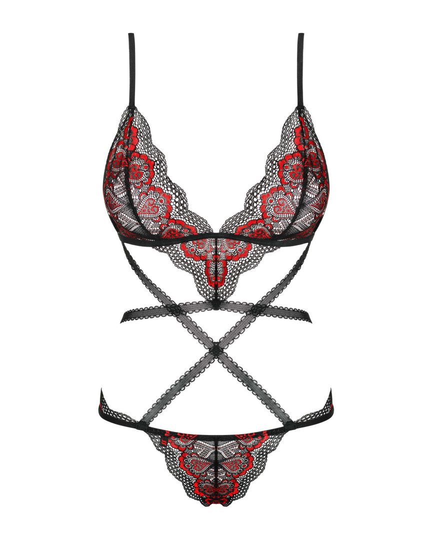 Body en dentelle noir et rouge avec sangles - Obsessive – Image 7