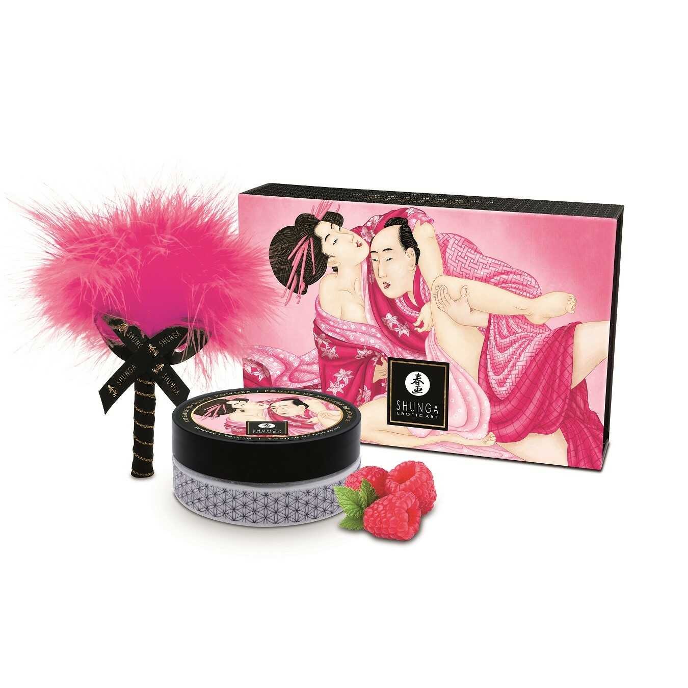 Poudre de massage comestible à la framboise avec plumeau - Shunga