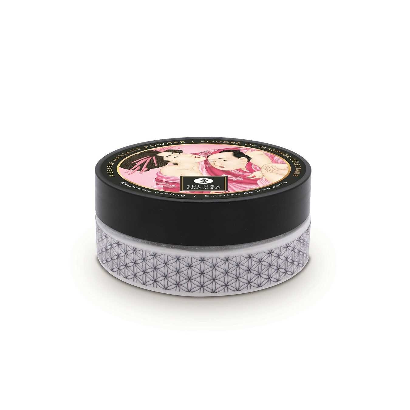 Poudre de massage comestible à la framboise avec plumeau - Shunga – Image 3