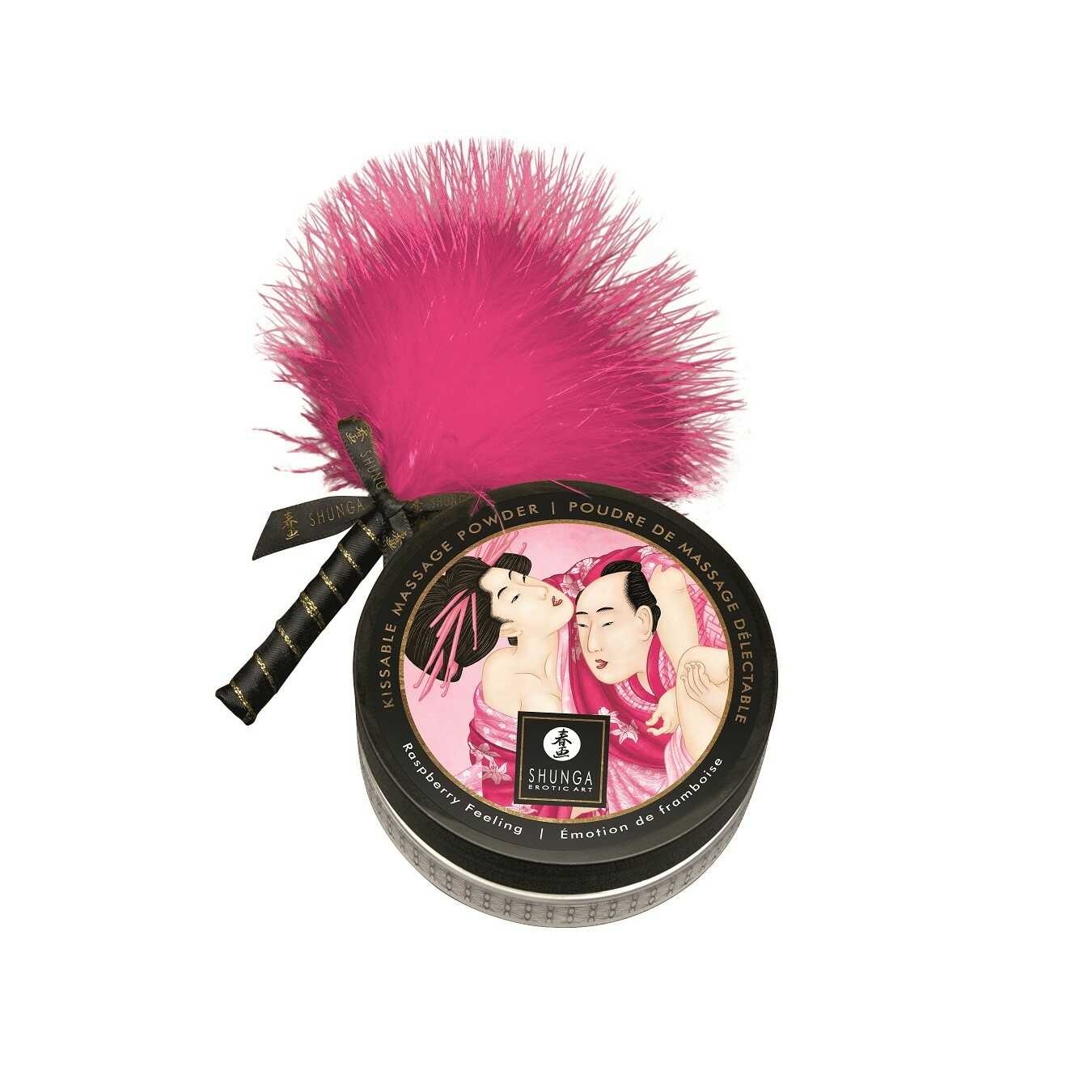 Poudre de massage comestible à la framboise avec plumeau - Shunga – Image 8
