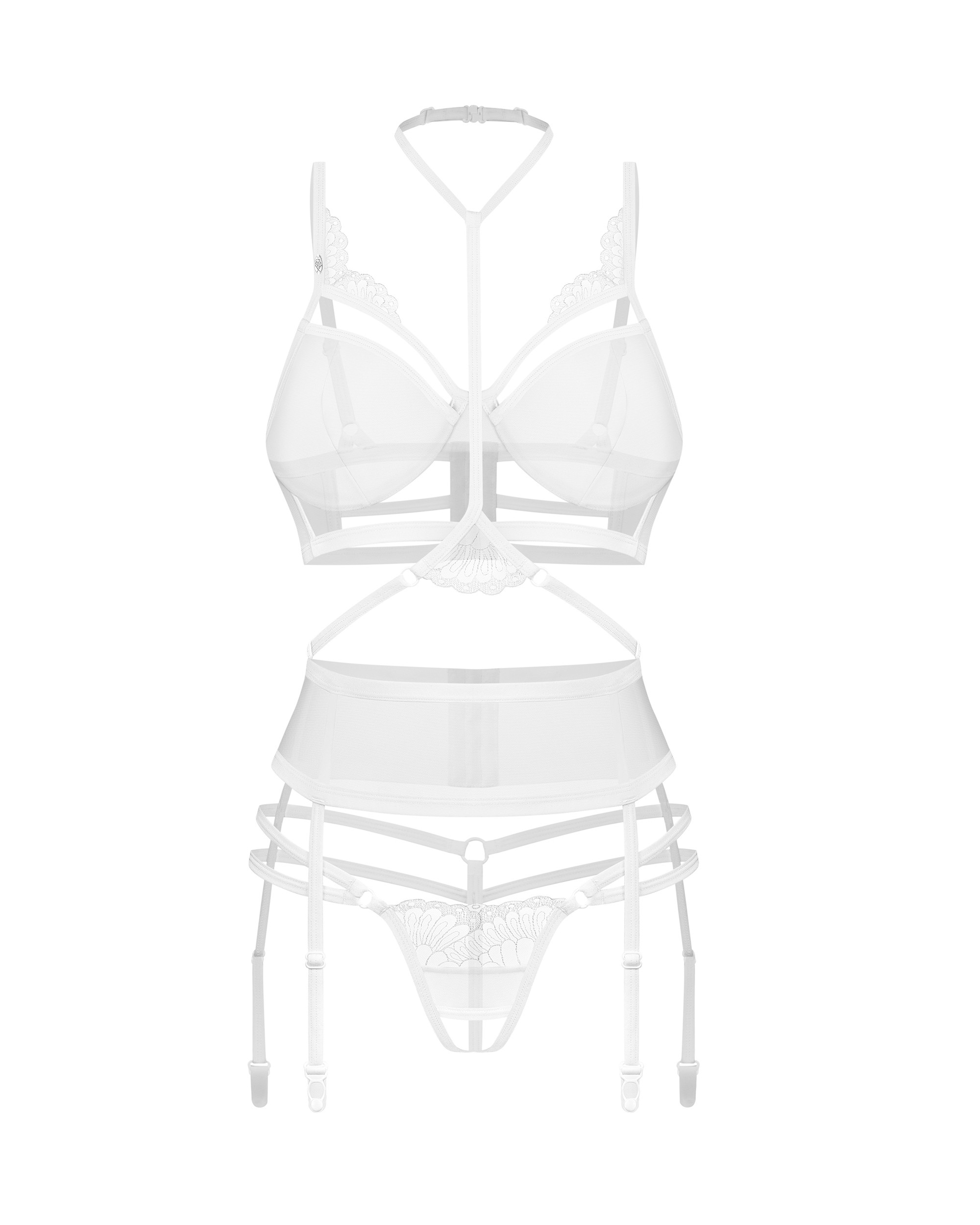 Ensemble lingerie ouvert 3 pièces blanc avec collier - Obsessive – Image 7