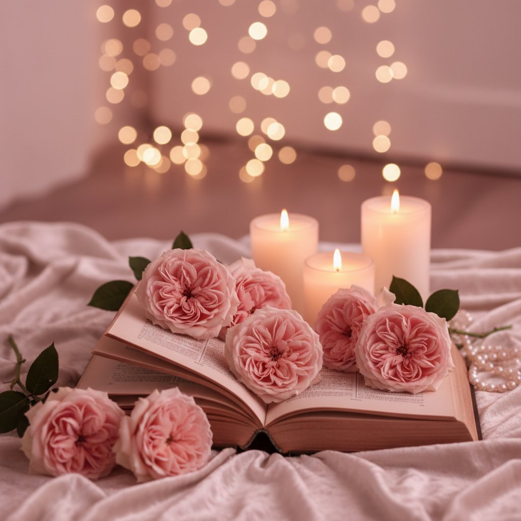 Littérature érotique femme - livre ouvert avec bougies et ambiance romantique
