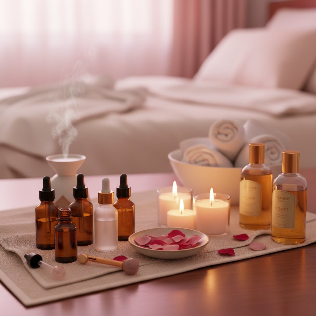 Massage et respiration relaxation - ambiance intime avec huiles et bougies