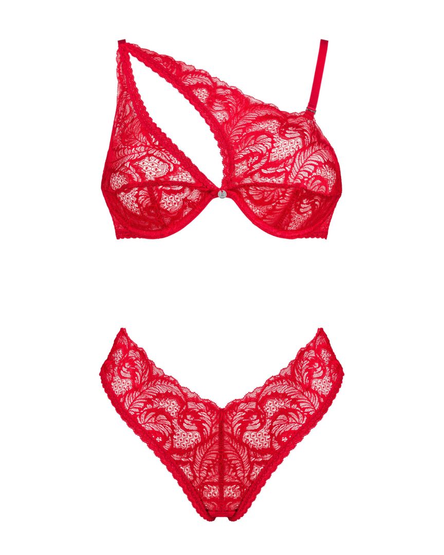 Ensemble lingerie dentelle rouge asymétrique - Obsessive – Image 7