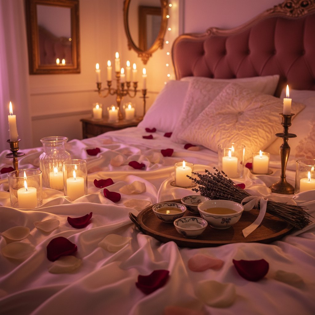 recette huile massage tantrique maison diy - ambiance bougies pétales
