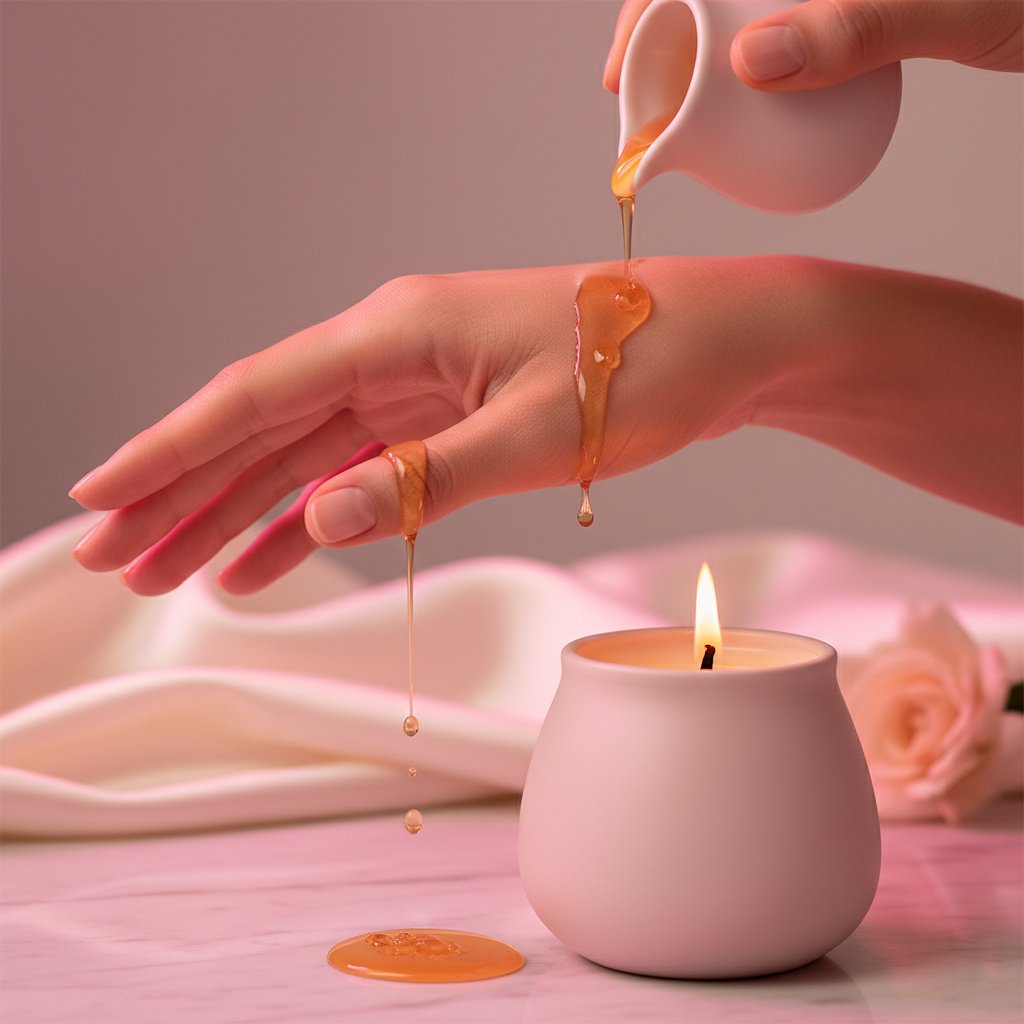 Bougie de massage cire de soja - huile tiède versée sur la main, ambiance sensuelle