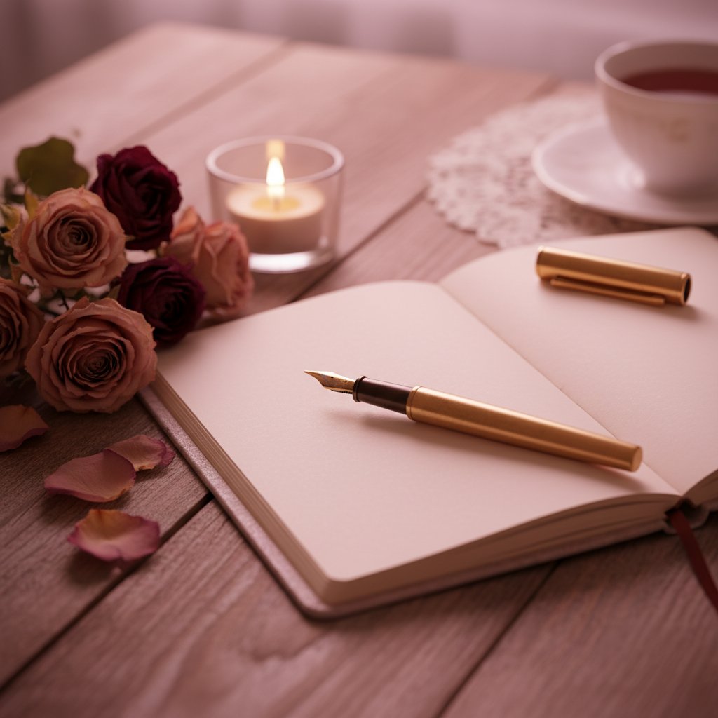 Carnet expériences couple coquin créer - carnet ouvert avec stylo, roses séchées et bougie