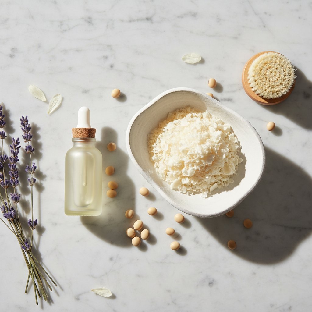 Cire de soja cosmetique avantages bienfaits - copeaux et graines de soja en présentation naturelle