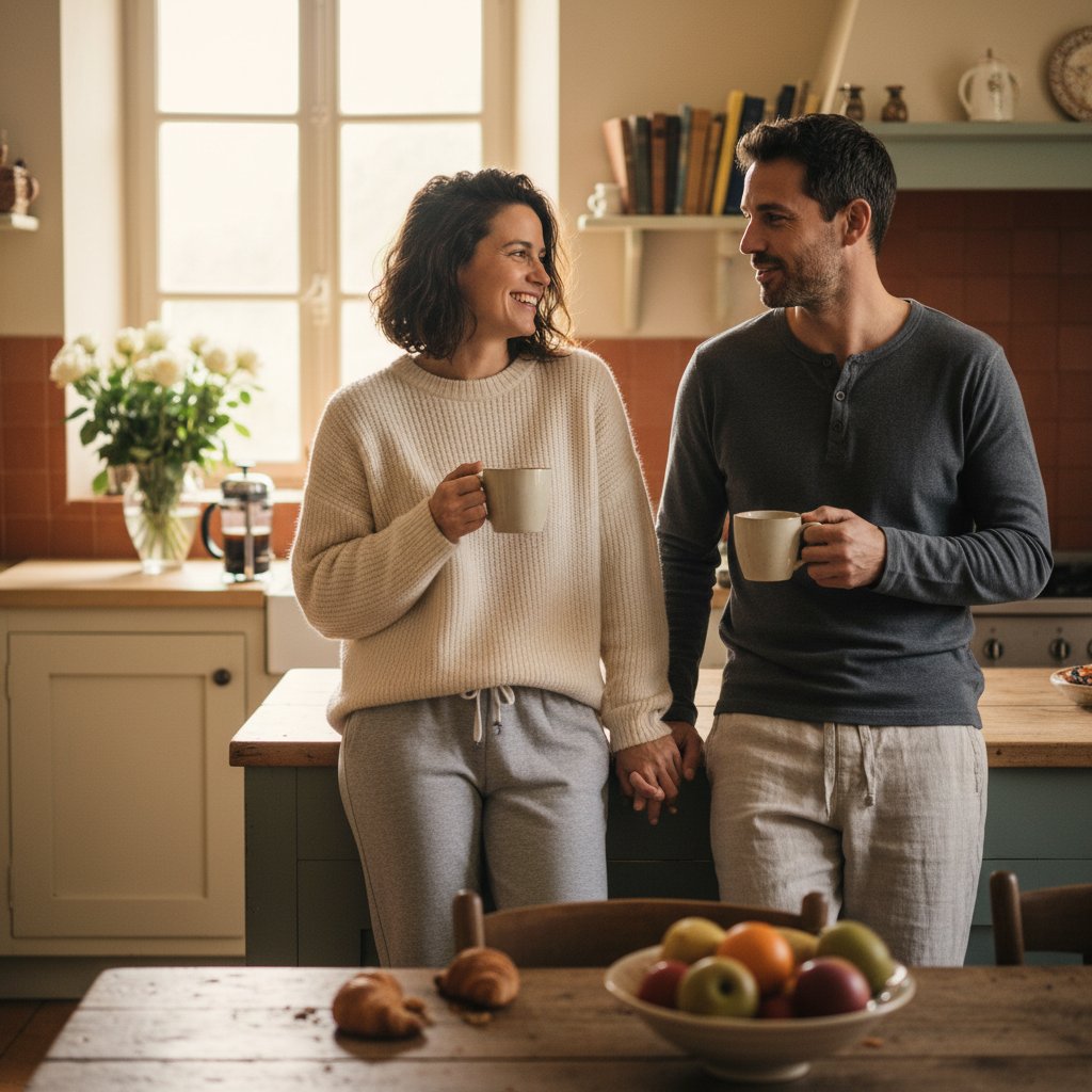 Couple discutant autour d'un café le matin - dialogue intime serein