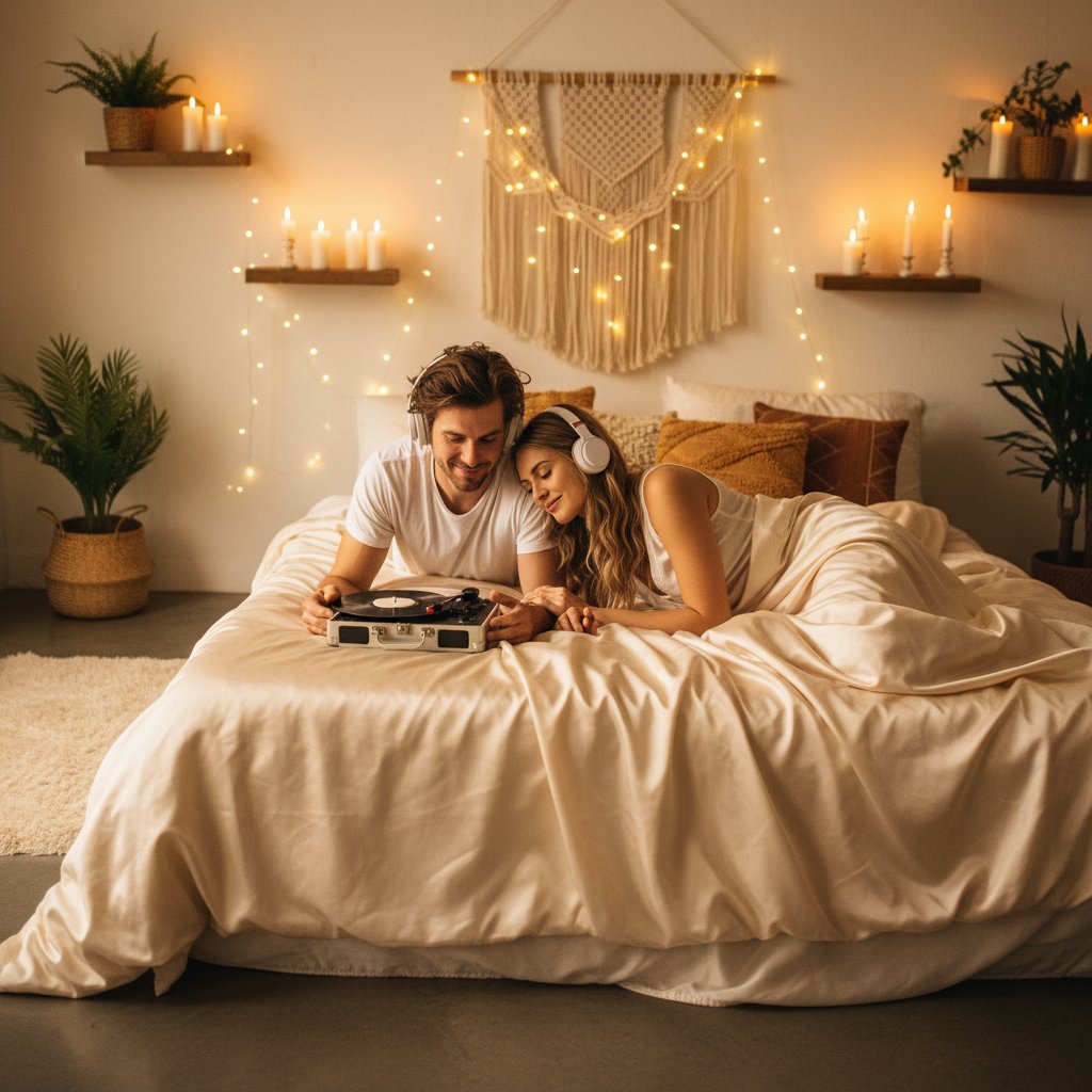 Couple écoutant une enceinte Bluetooth dans une chambre cocooning